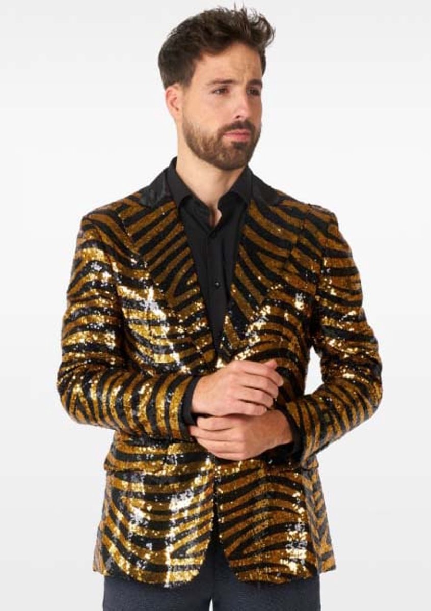 OppoSuits Tiger Royale - Heren Blazer - Glimmende Outfit - Kerst Jasje - Carnavalskleding - Goud - Maat EU48