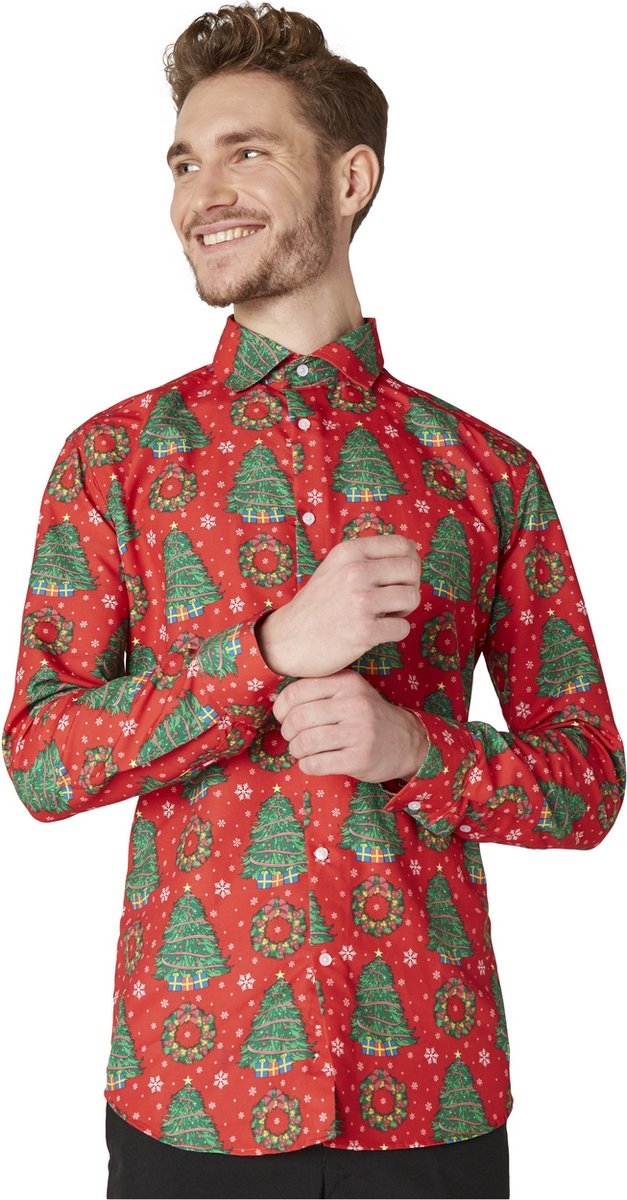 Opposuits - Kerst & Oud & Nieuw Kostuum - Red Christmas Trees Overhemd Man - rood,groen - Maat 41-42 - Kerst - Verkleedkleding