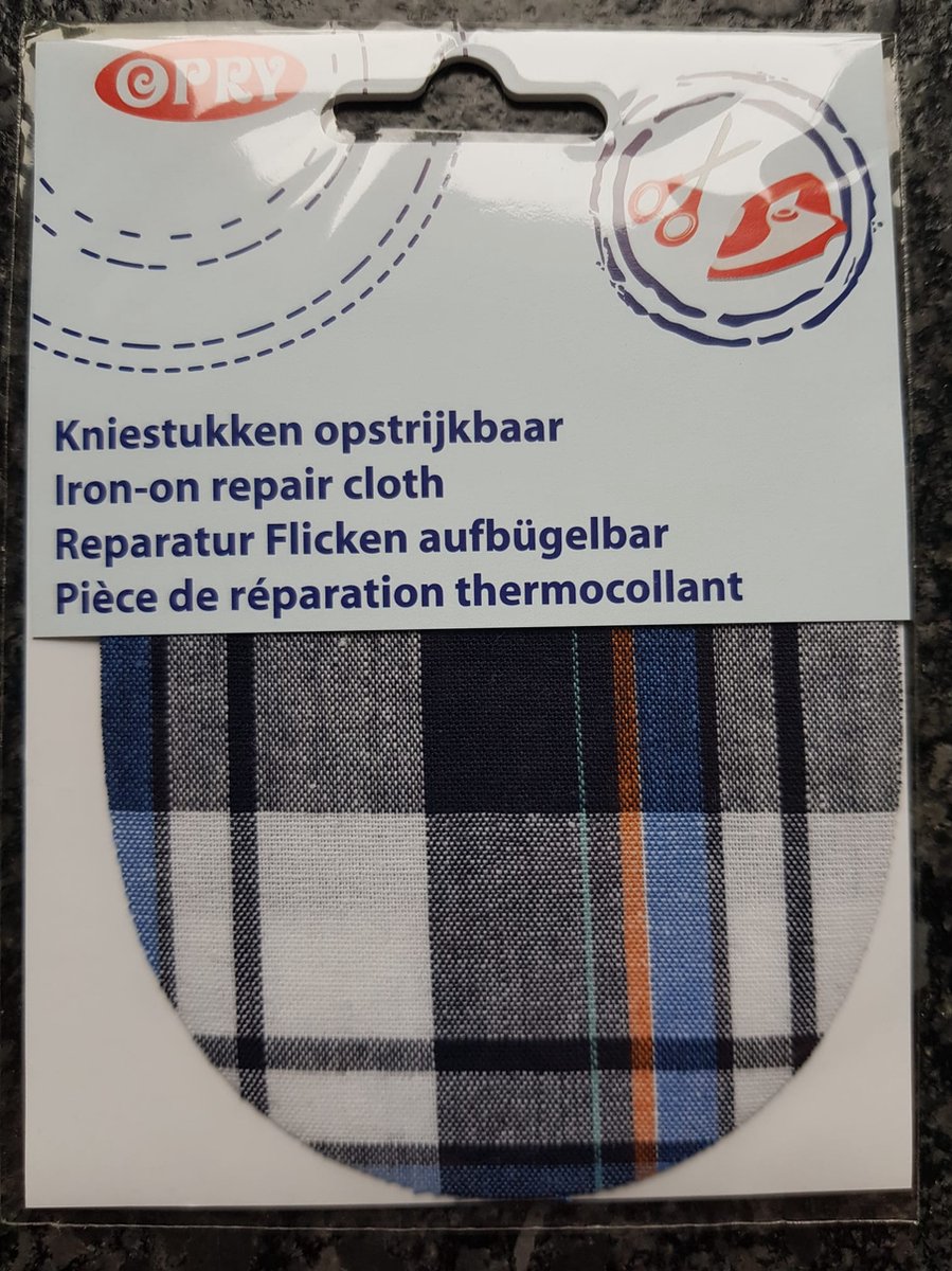 Opry kniestukken opstrijkbaar kleur: Blauw/Wit/Oranje geruit