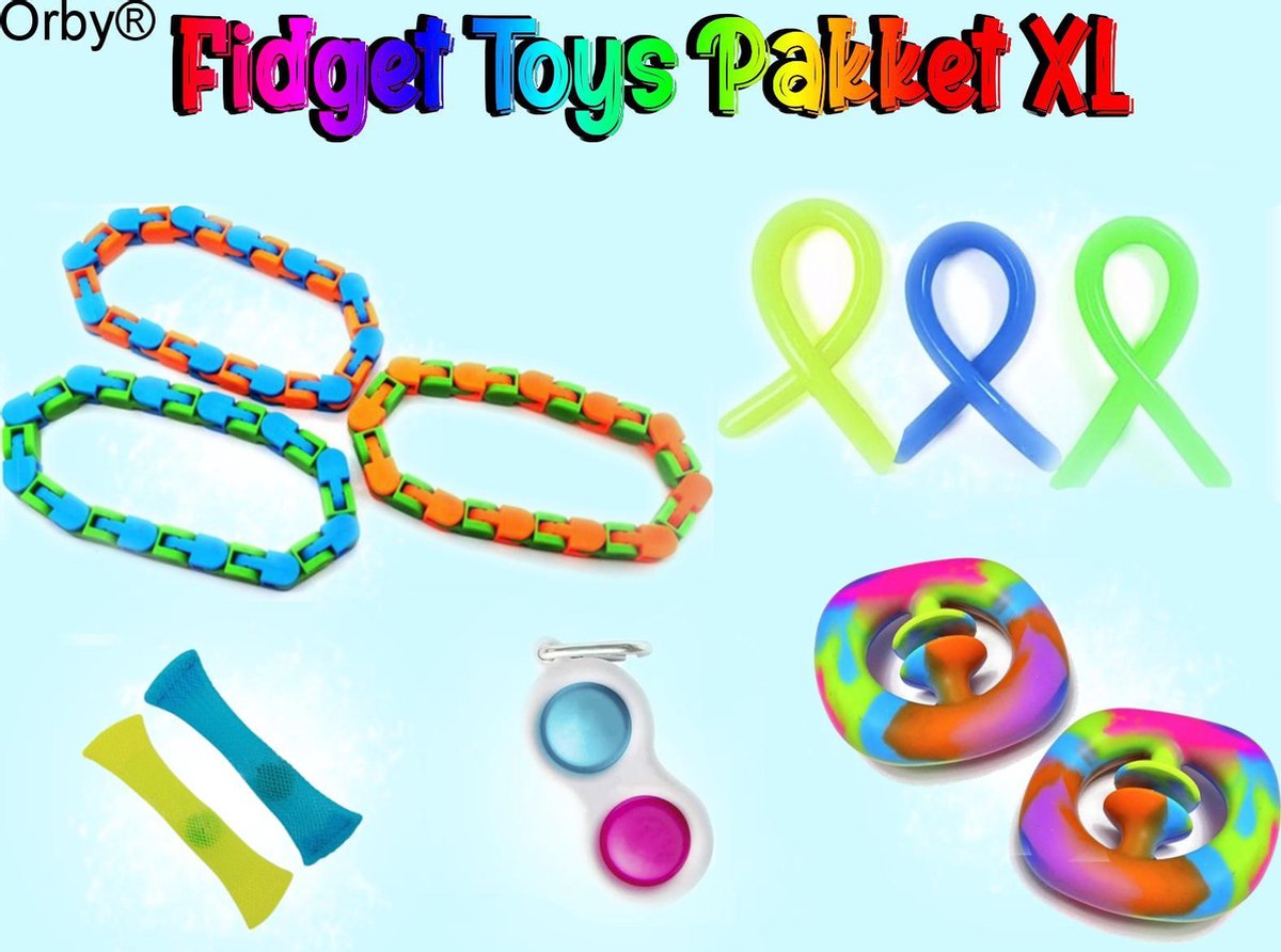 Orby® Fidget Toys Pakket XL 11-delig - 3x Wacky Track - 3x Monkey Noodles - 2x Snapperz Rainbow - 1x Simple Dimple - 2x Mesh Marble - Fidget Toys - Simple Dimple Fidget Toy - Fidget toys box/set - Tiktok