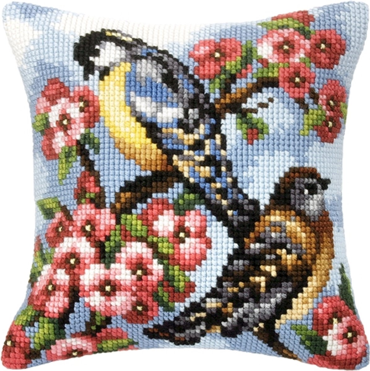 kruissteekkussen 9021 vogels met bloemen