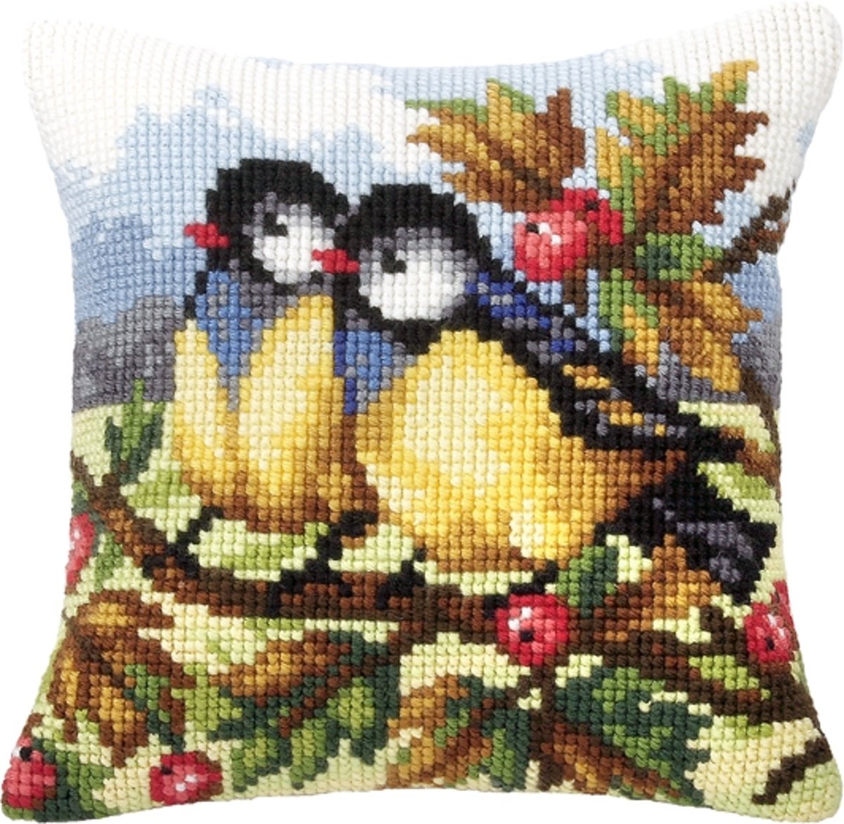 kruissteekkussen 9022 koolmeesjes tussen rode besjes