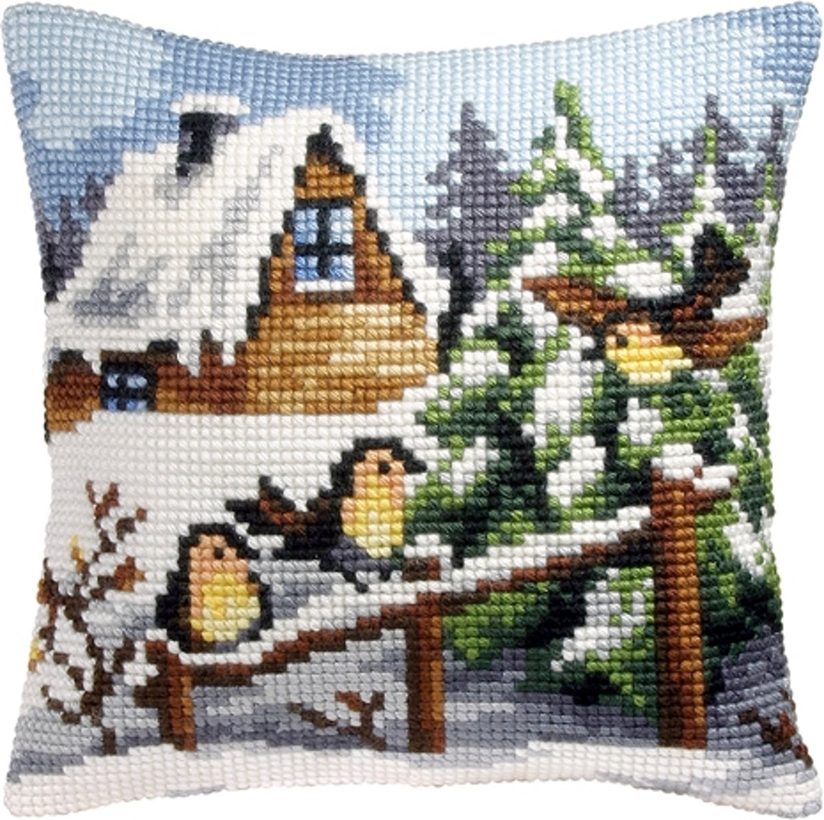 kruissteekkussen 9035 wintertafereel, drie vogels
