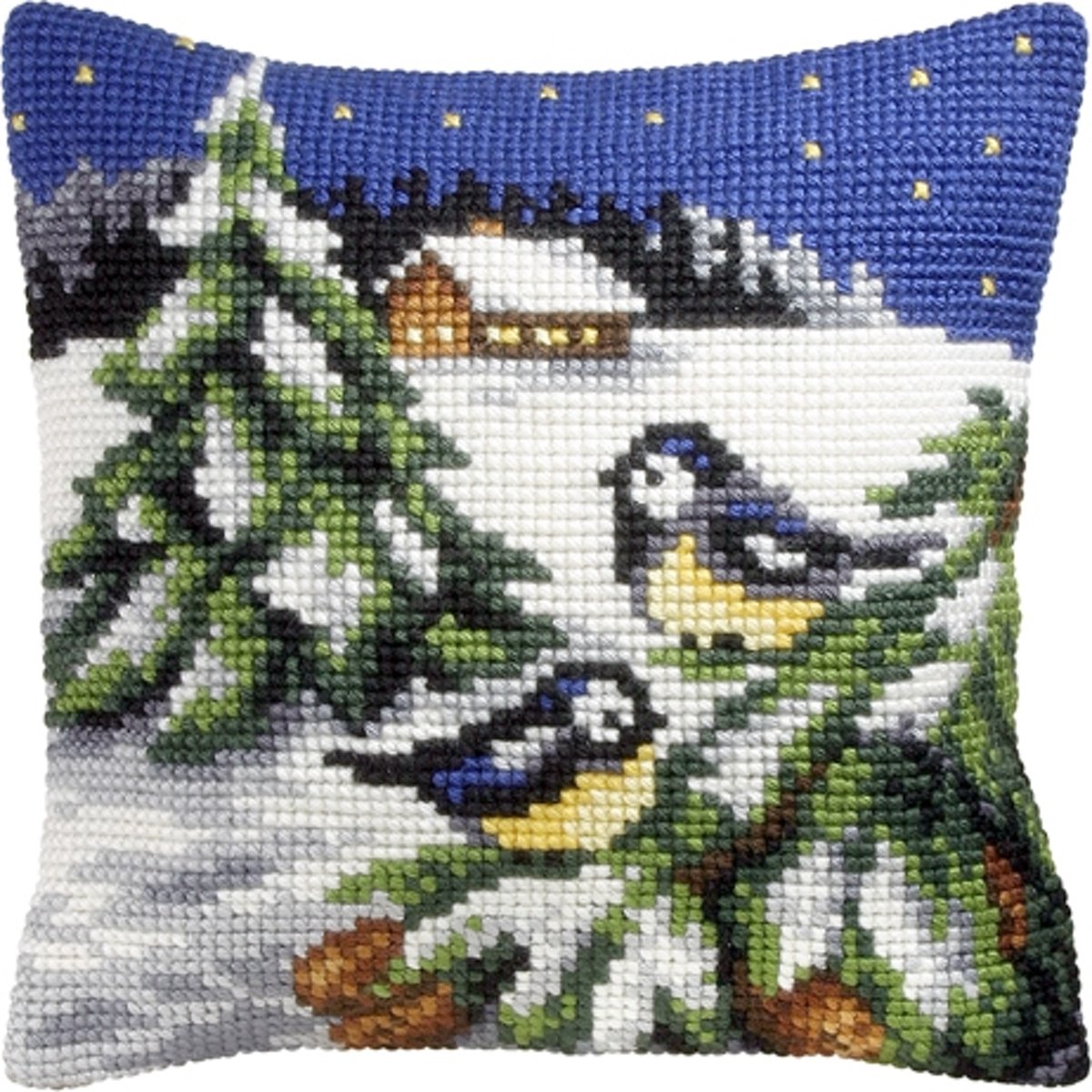 kruissteekkussen 9036 wintertafereel, twee vogels