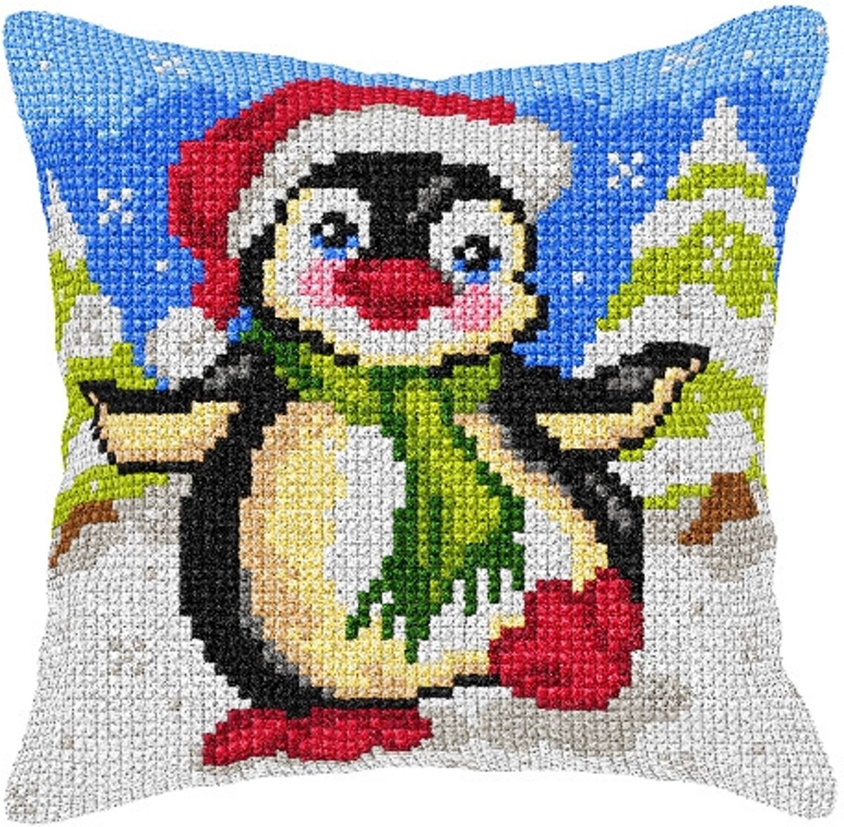 kruissteekkussen 9562 pinquin met kerstmuts