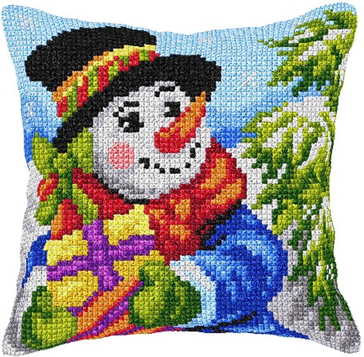 kruissteekkussen 9563 sneeuwpop met cadeautjes