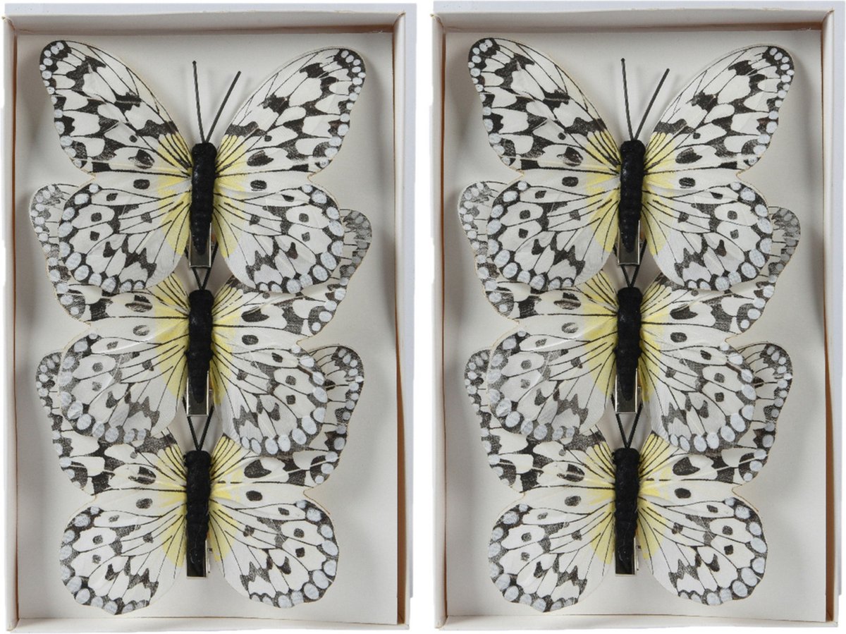Decoris decoratie vlinders op clip - 6x - wit - 12 x 8 cm - hobbydecoratieobject