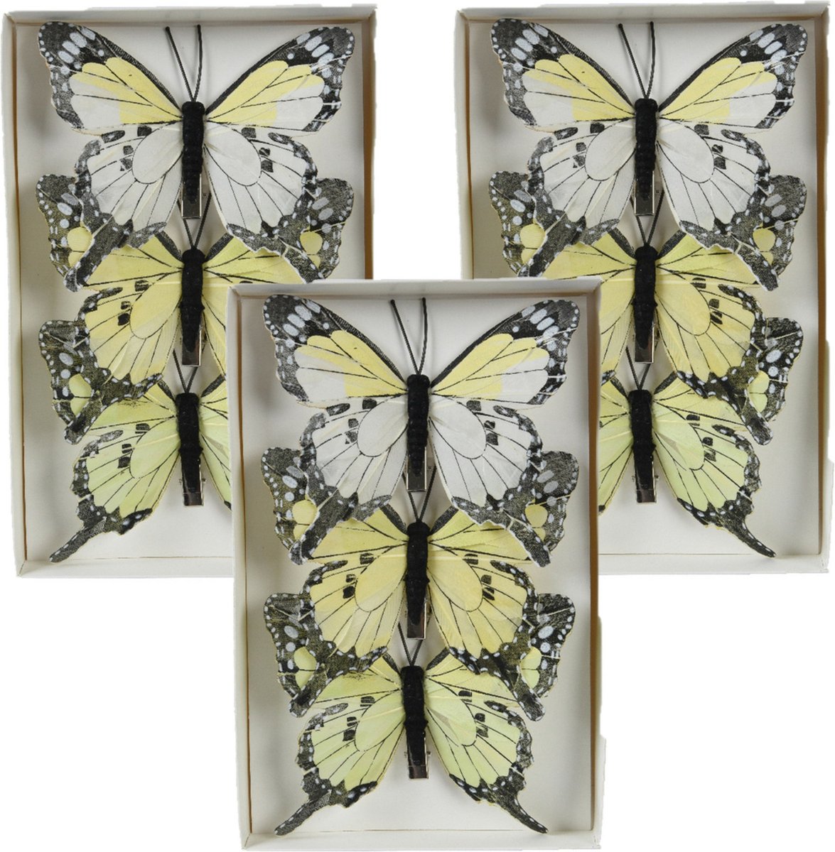 Decoris decoratie vlinders op clip - 9x - lichtgeel - 12 x 8 cm - hobbydecoratieobject