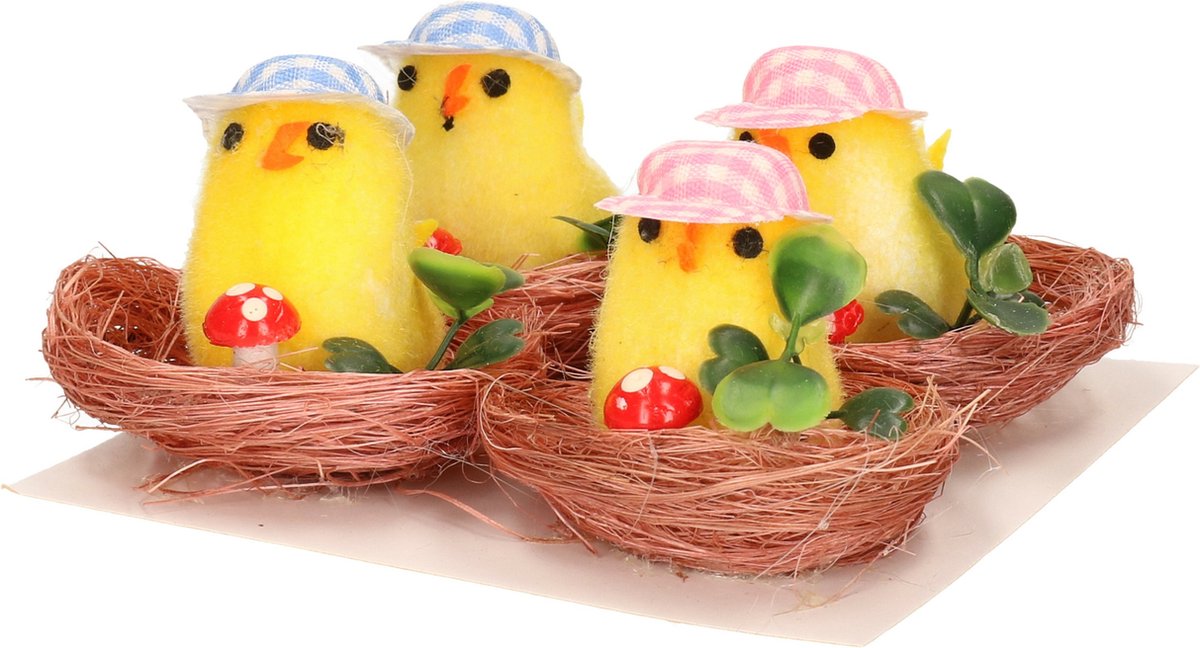 Othmar Decorations - Paaskuikentjes - 8x stuks - 6 cm - geel met geruit petje