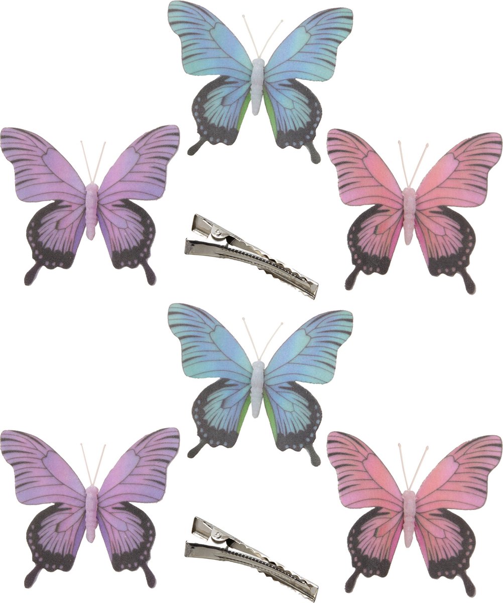 Othmar Decorations Decoratie vlinders op clip - 6x stuks - paars/blauw/roze - 12 cm