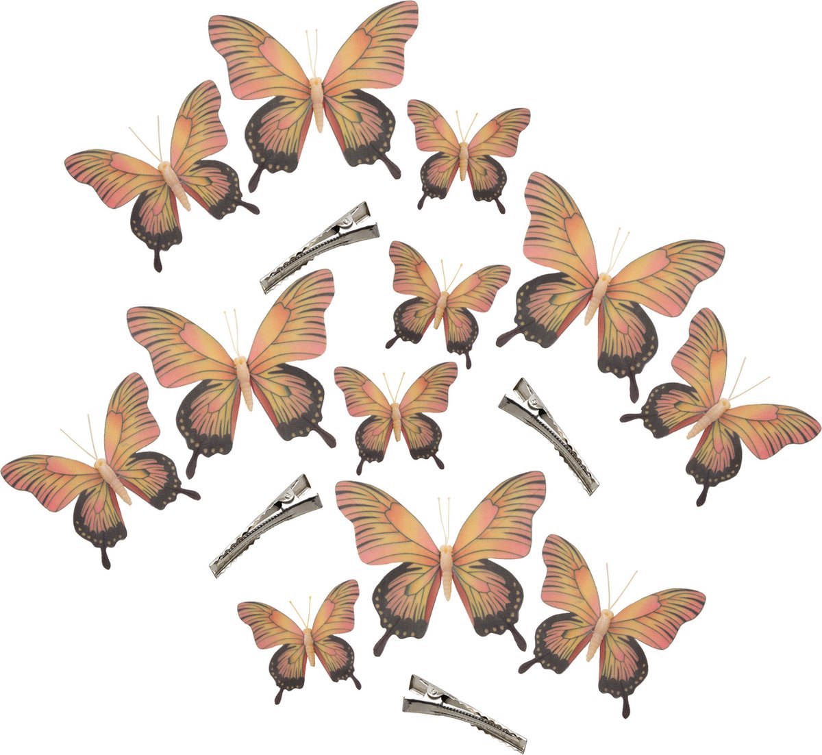 Othmar Decorations Decoratie vlinders op clip 12x stuks - geel/roze - 12/16/20 cm