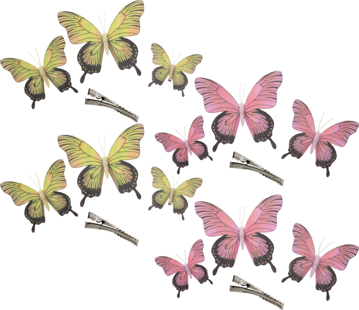 Othmar Decorations Decoratie vlinders op clip 12x stuks - geel/roze - 12/16/20 cm