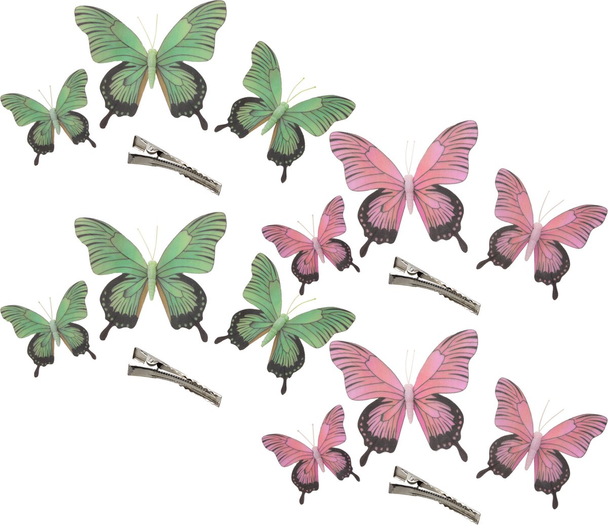 Othmar Decorations Decoratie vlinders op clip 12x stuks - groen/roze - 12/16/20 cm