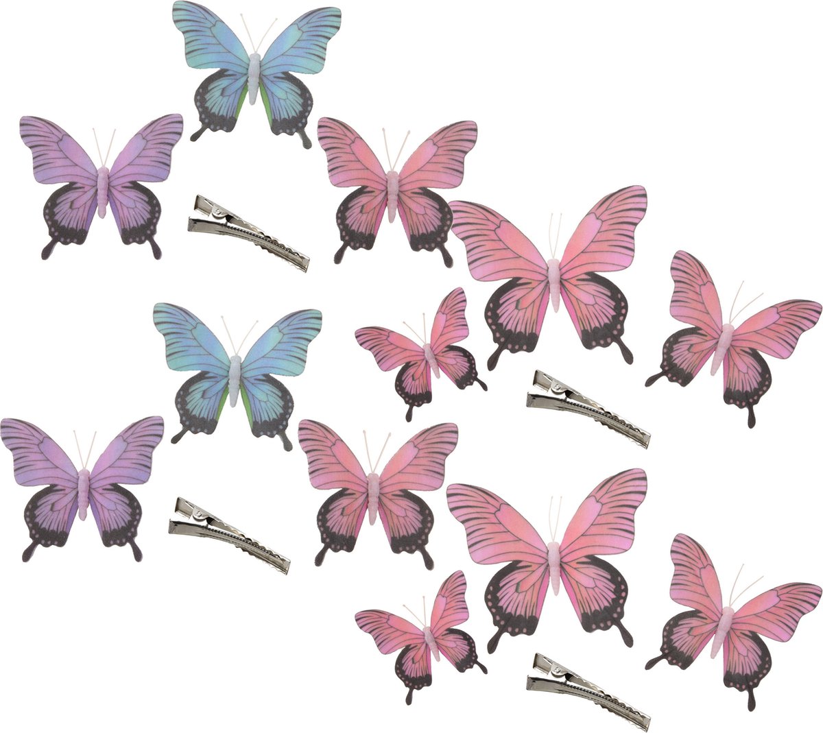 Othmar Decorations Decoratie vlinders op clip 12x stuks - paars/blauw/roze - 12/16/20 cm