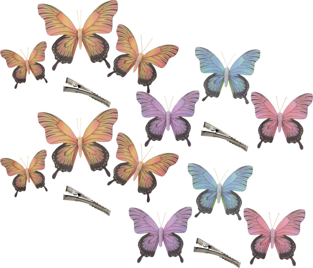 Othmar Decorations Decoratie vlinders op clip 12x stuks - paars/blauw/roze/geel