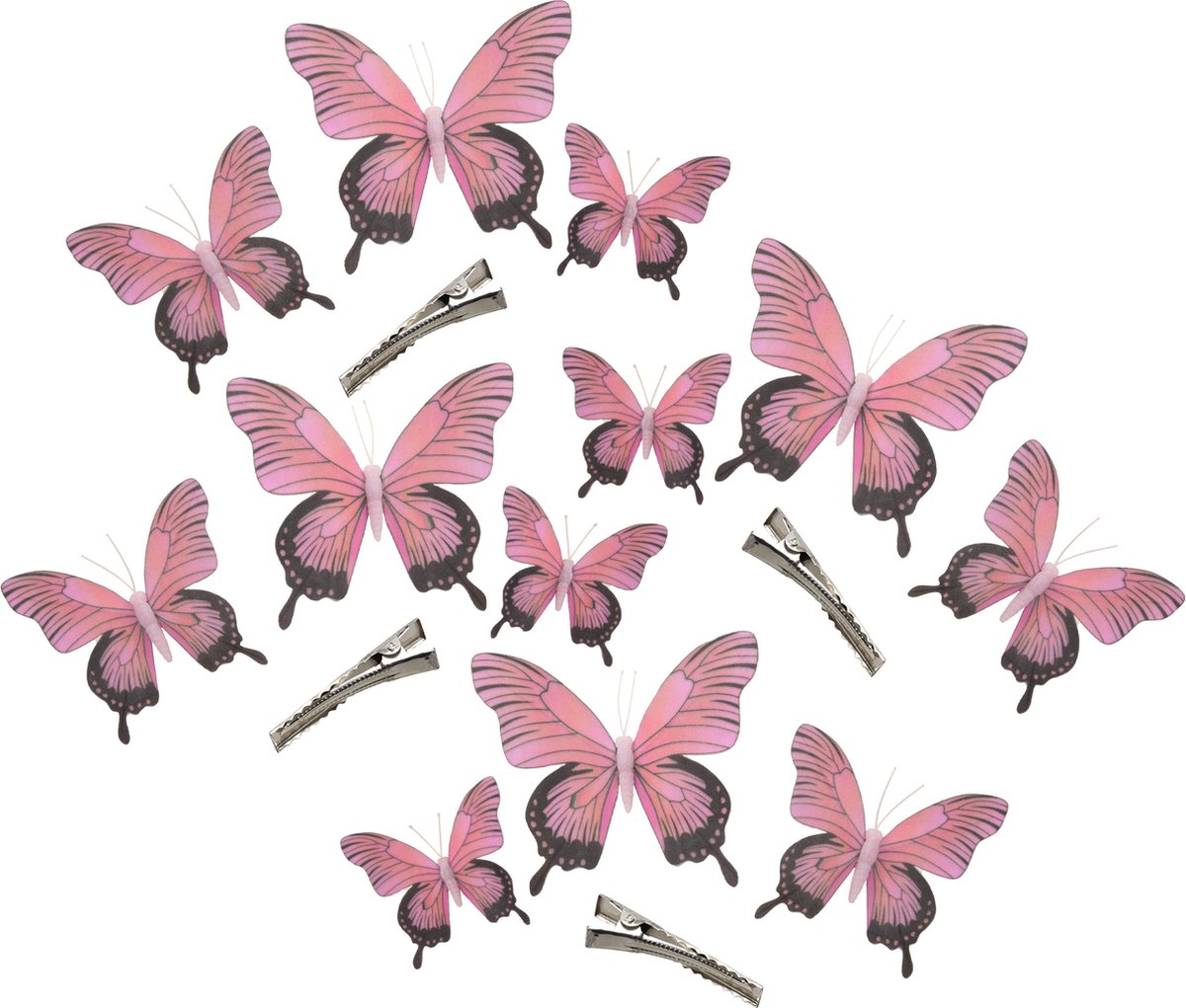 Othmar Decorations Decoratie vlinders op clip 12x stuks - roze - 3 formaten - 12/16/20 cm