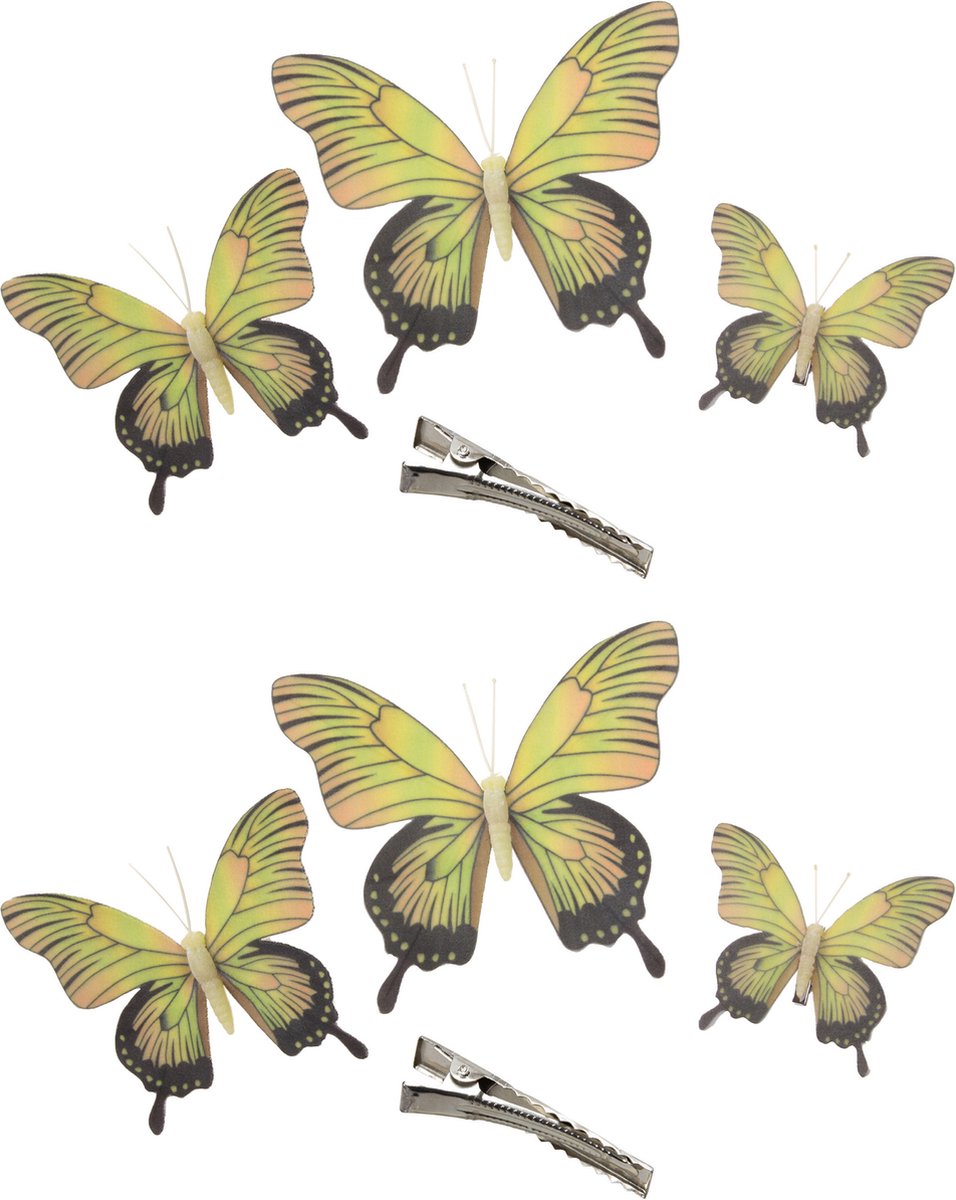 Othmar Decorations Decoratie vlinders op clip 6x stuks - geel - 3 formaten - 12/16/20 cm