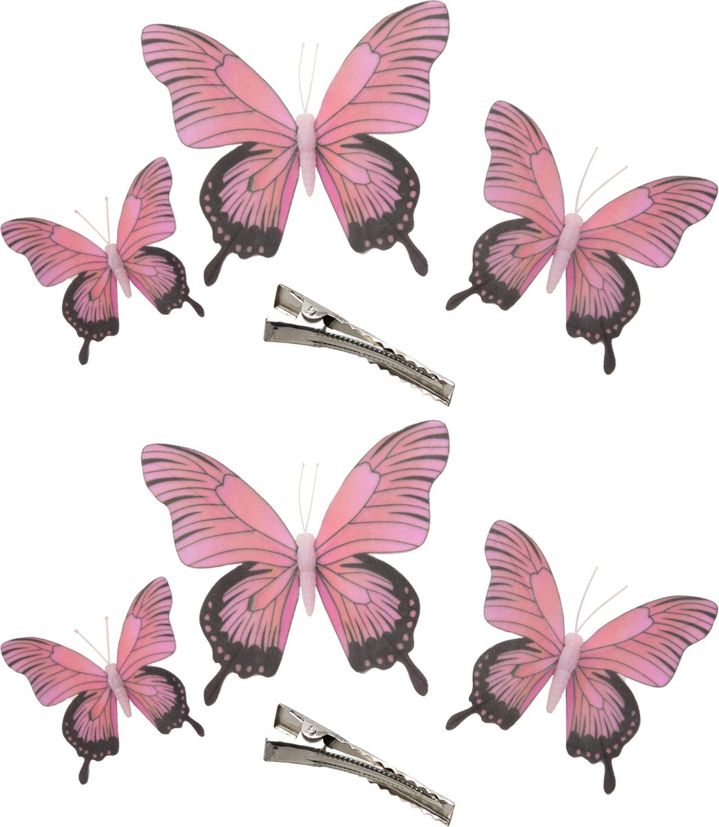 Othmar Decorations Decoratie vlinders op clip 6x stuks - roze - 3 formaten - 12/16/20 cm
