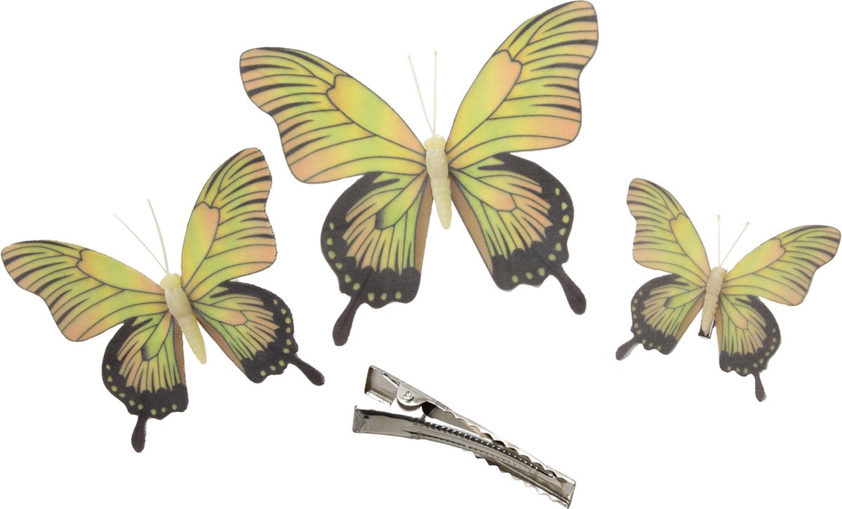 Othmar Decorations Kerst decoratie vlinders op clip - 3x stuks - geel - 12/16/20 cm