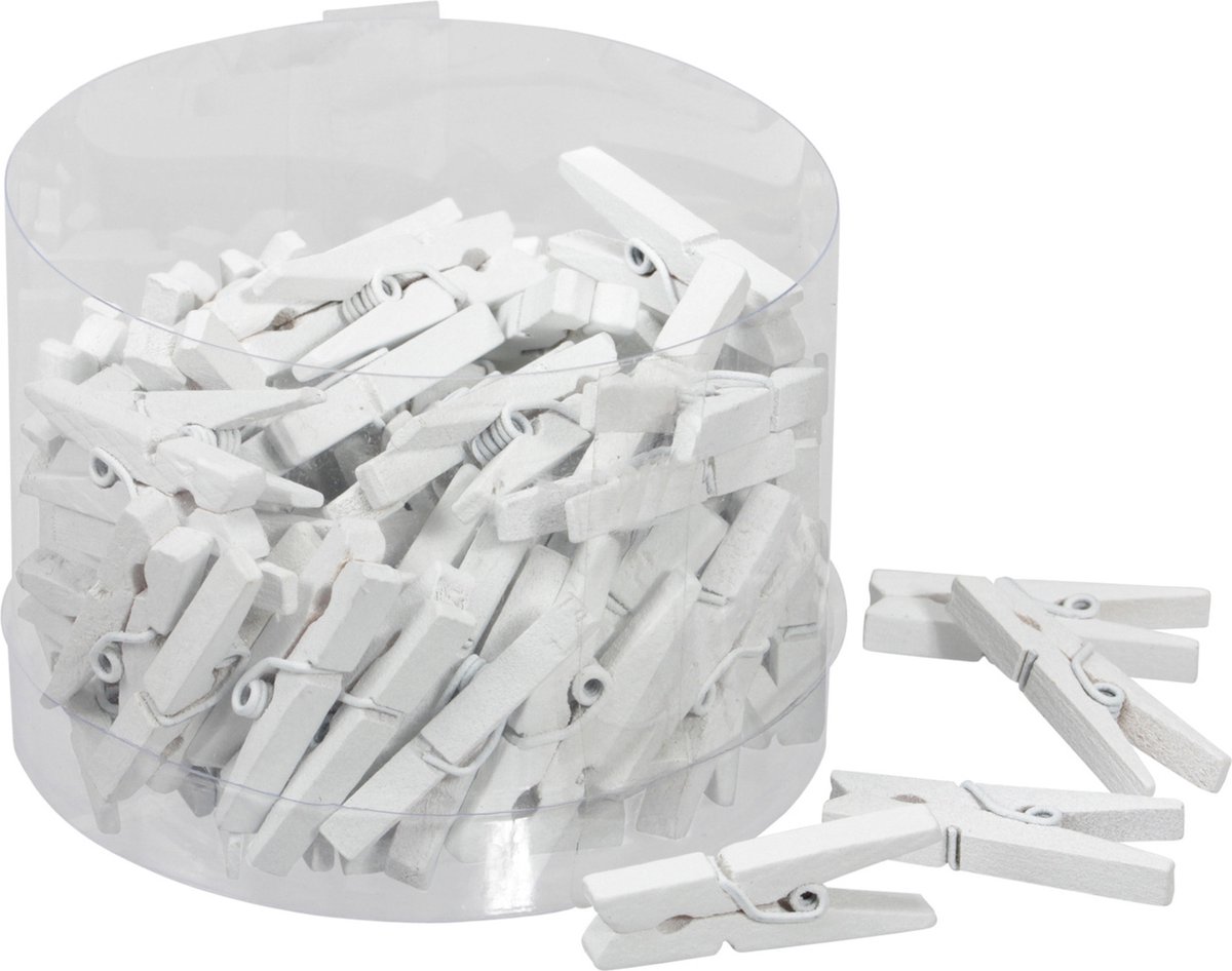 Othmar Decorations Mini fotoknijpertjes/kaartknijpertjes wit hout - 144x stuks - 3 cm