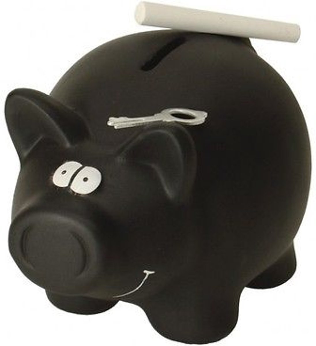 Spaarvarken zwart, met krijt om te beschrijven