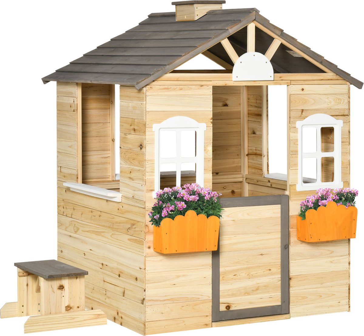 Outsunny-Kinderspielhaus-Tannenholz, Kunststoff-Kunststoff-113L x 94B x 134,5H cm-Natur+ Grau+ Weiß