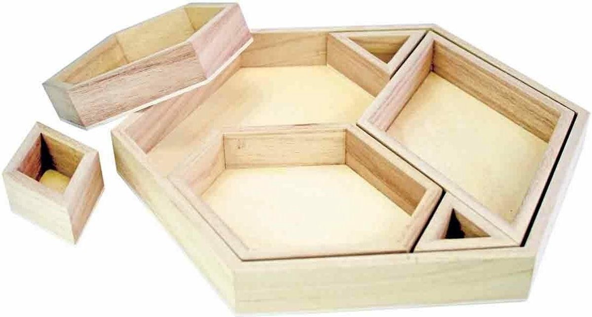 Zeshoekige houten dienblad van 20 x 28 x 3,5 cm met 6 uitneembare vakken