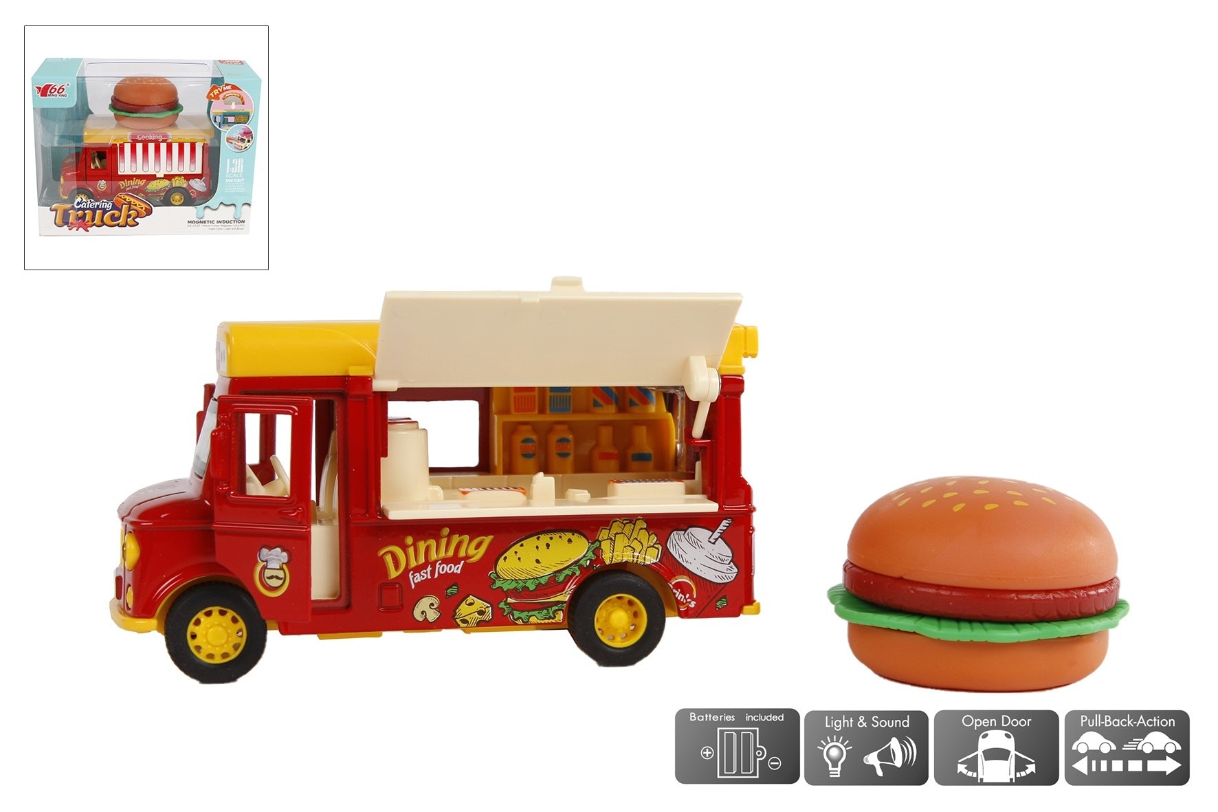 Foodtruck hamburger die cast pull back licht en geluid met magnetic induction 11