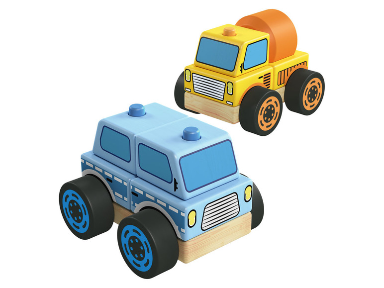 Houten blouwblokauto\s (Politiewagen en cementwagen)