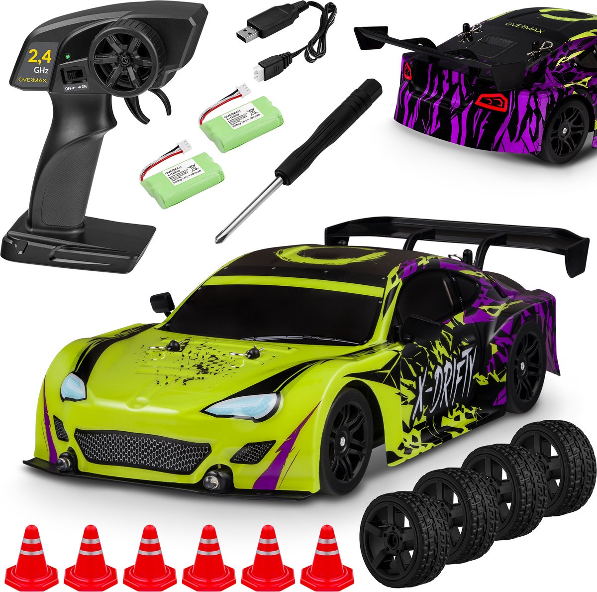 Overmax X-Drifty - R/C Auto 1:16 - 4WD - 40 Min Speeltijd - 20 km/u - LED-lampen - 2 Set Wielen - Drift & Race - Hindernissen & Stickers - Snel Opladen - Kinderen vanaf 3 Jaar