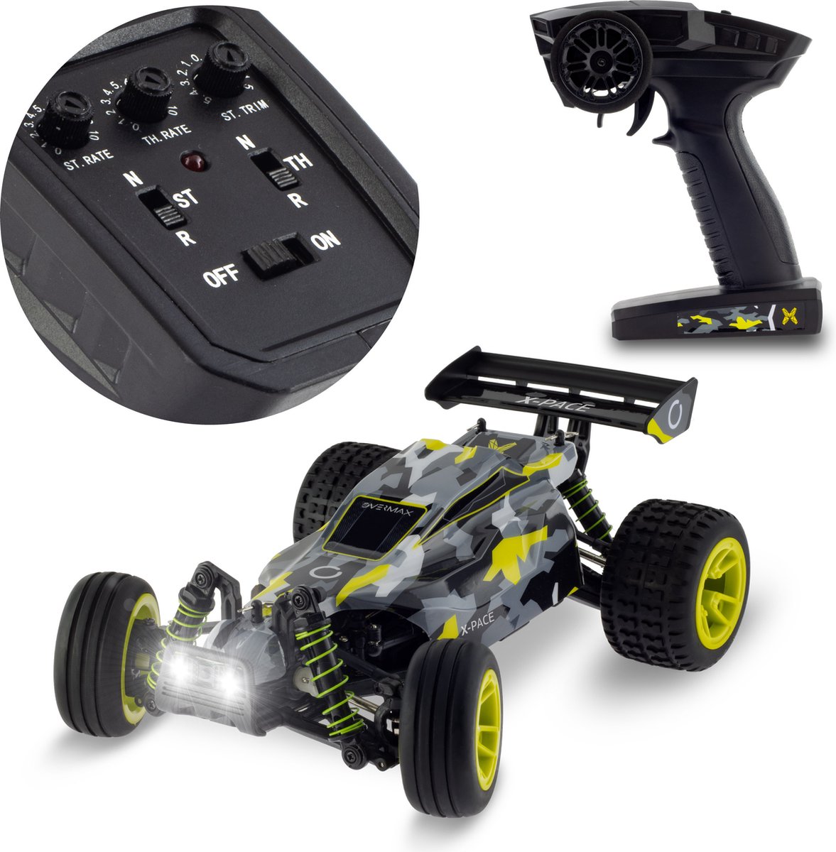 Overmax X-Pace Grote op Afstand Bestuurbare RC Auto – Schaal 1:18 – Bereik 100m – Snelheid 30 km/u – 4x4 Aandrijving – Onafhankelijke Ophanging – LED-verlichting – 30 Minuten Gebruik per Lading