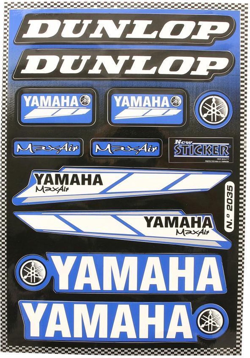 Planche de stickers autocollant YAMAHA DUNLOP bleu et blanc pour moto scooter 50