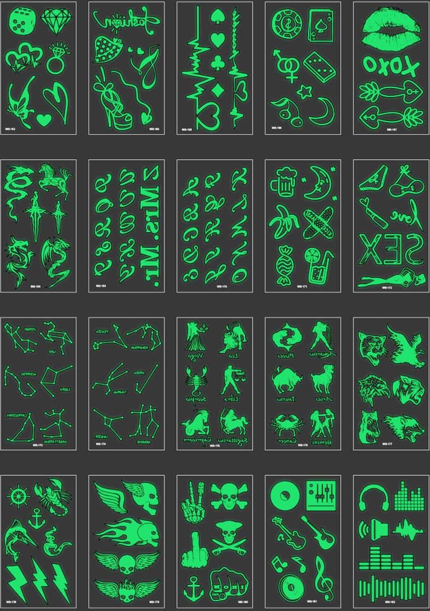 Muziekfeest Neptattoo-glow in the dark- plak tattoo- tattoo sticker for music festival- 20 vellen 108 stuks