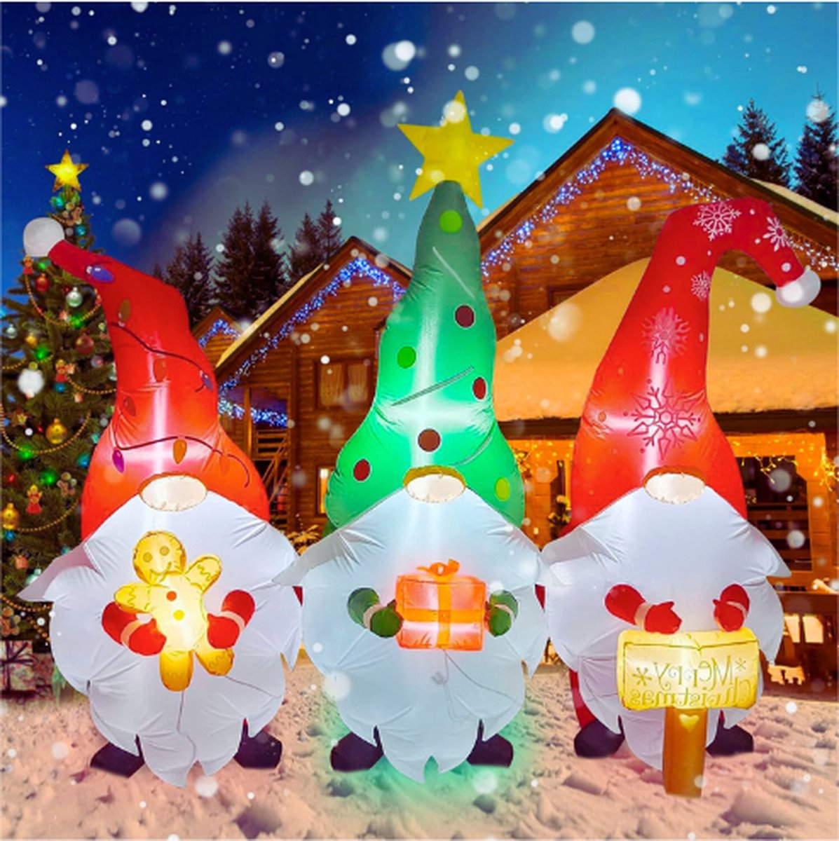 7,4 FT Opblaasbare Kerstdecoraties - 3 Kabouters Met Kerstborden Cadeau Peperkoekman Opblaasbaar Tuindecoratie Voor Kerst Feest Binnen-Buiten Decoraties