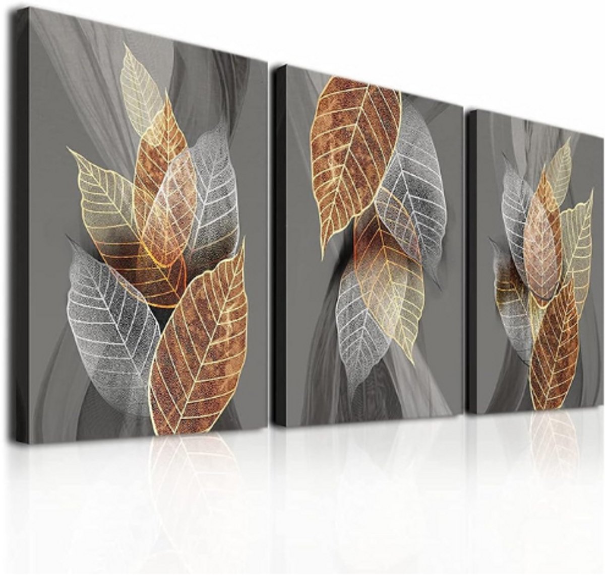 Canvas Schilderij Set Woonkamer – Moderne Schilderijen Gouden Plantenblad – Prints Wanddecoratie voor Slaapkamer, Kantoor, Keuken en Badkamer
