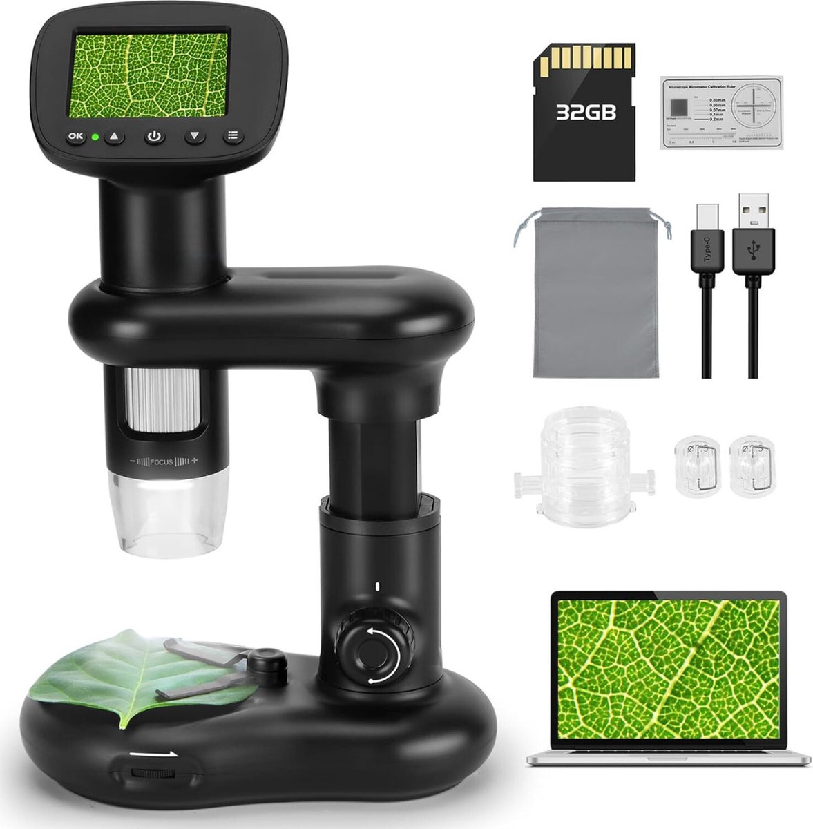 Digitale Handmicroscoop 1000x met 2 - LCD-Scherm - 8 LEDs En 32GB Kaart - Draagbare Microscoop Voor Kinderen Met Objecthouder En USB-verbinding