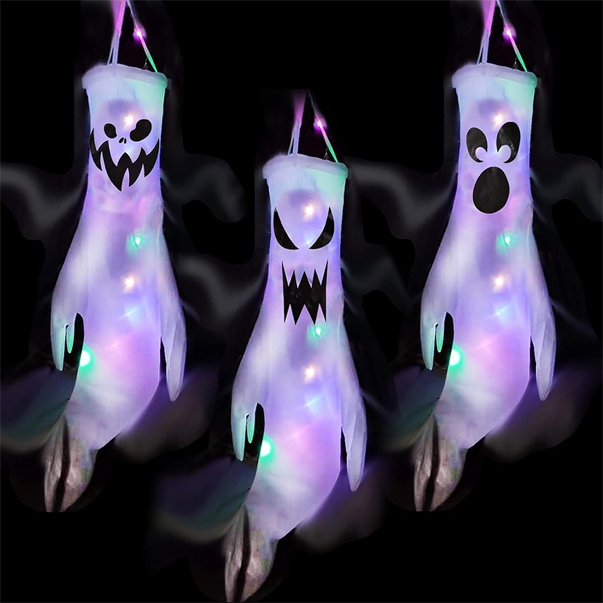 Griezelige LED Spook-Windsokken – Set van 3 Hangende Halloween Decoraties voor Buiten & Binnen met Buigbare Stof en Lampjes (Type B)