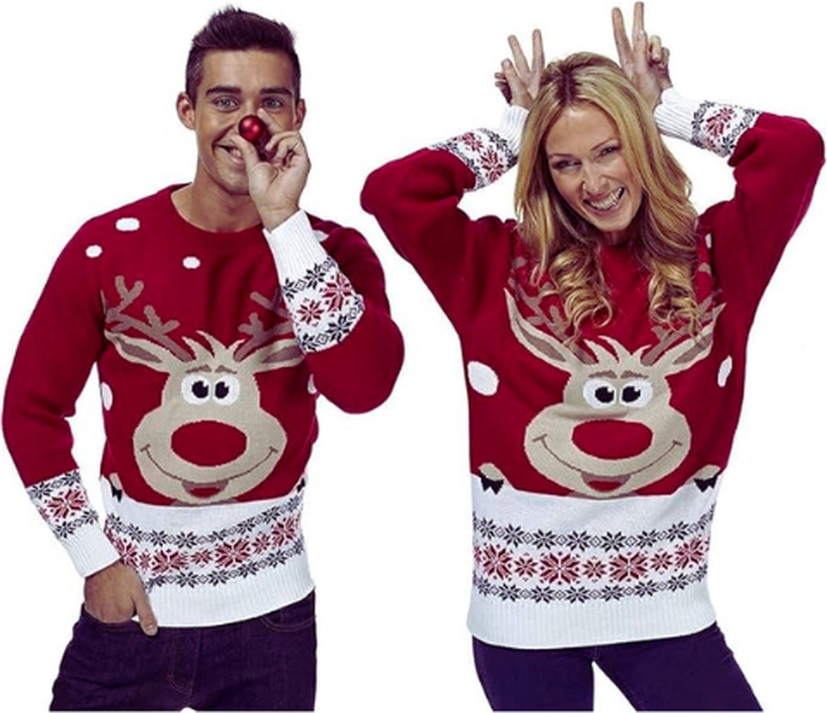 Kersttrui Rood Uniseks Dames Heren Ronde Hals - Grappige Opvallende Hoogwaardige Kersttrui - Rendier Met Rode Neus Motief