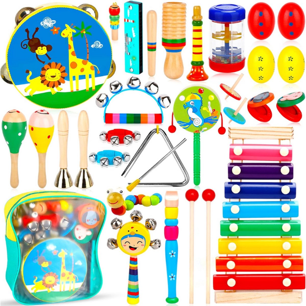 Muziekinstrumenten Voor Kinderen - 33-Delige Percussieset - Houten Muziekspeelgoed - Xylofoon En Trommel Voor Kinderen - Montessori Speelgoed - Educatief Speelgoed - Perfect Cadeau Voor Peuters En Kleuters