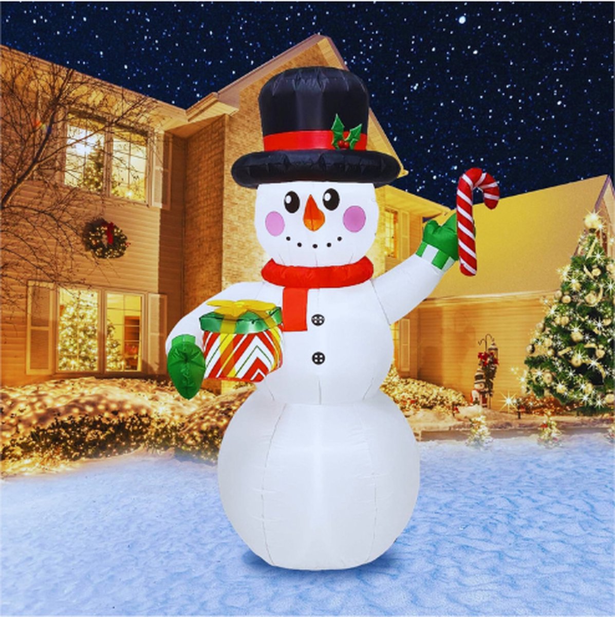 Opblaasbare Kerstsneeuwpop Met Suikerstok-Opblaasbare Kerstsneeuwpop Met Geschenkdoos-4 Geïntegreerde Heldere Ledlampen Voor Kerstdecoratie In De Tuin