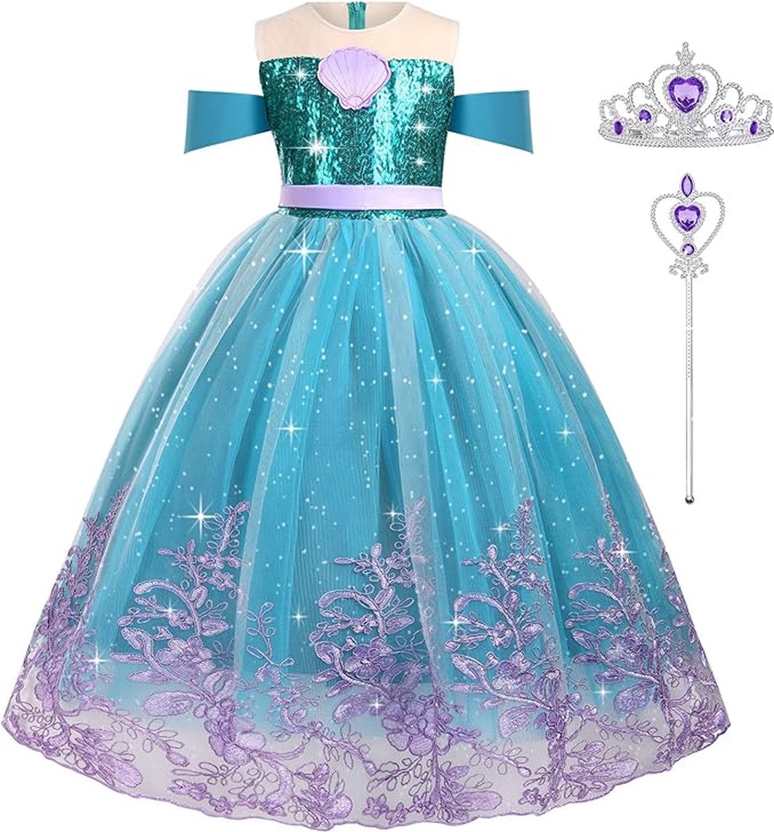 Zeemeerminkostuum Voor Meisjes - Prinsessenjurk Met Strikknoop, Kroon En Toverstaf - Perfect Voor Halloween En Cosplay