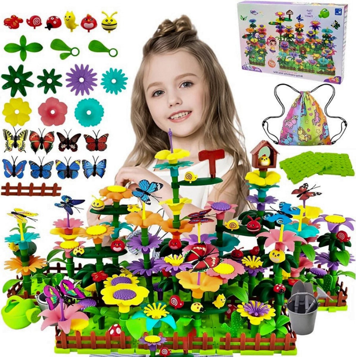 Bloementuin Speelgoed - 332 Stuks Doe-Het-Zelf Boeket Set Met Opbergtas Voor Meisjes Vanaf 4 Jaar