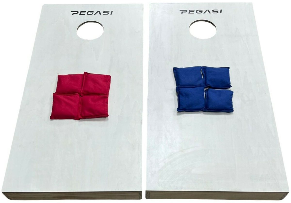 Pegasi Cornhole Set - Houten frame - 4 rode en 4 blauwe zakken - Incl. Reistas