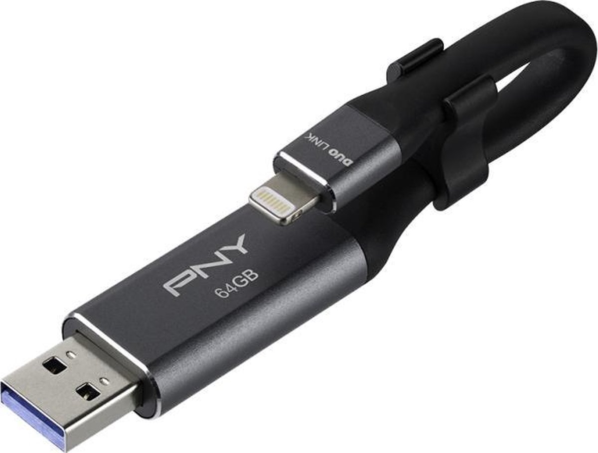 PNY, USB OTG 2 in 1 USB 3.0/Lightning Duo Link 64GB, Zwart