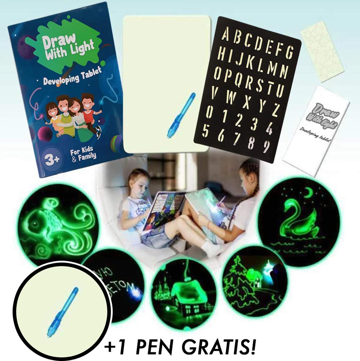 Magisch tekenbord - Tekenen Met Licht - Lichtgeven   - LED - Educatief Speelgoed - Glow In The Dark - Tekenen In Het Donker - A4 - Sinterklaas - Kerst + Een Gratis Extra LED pen