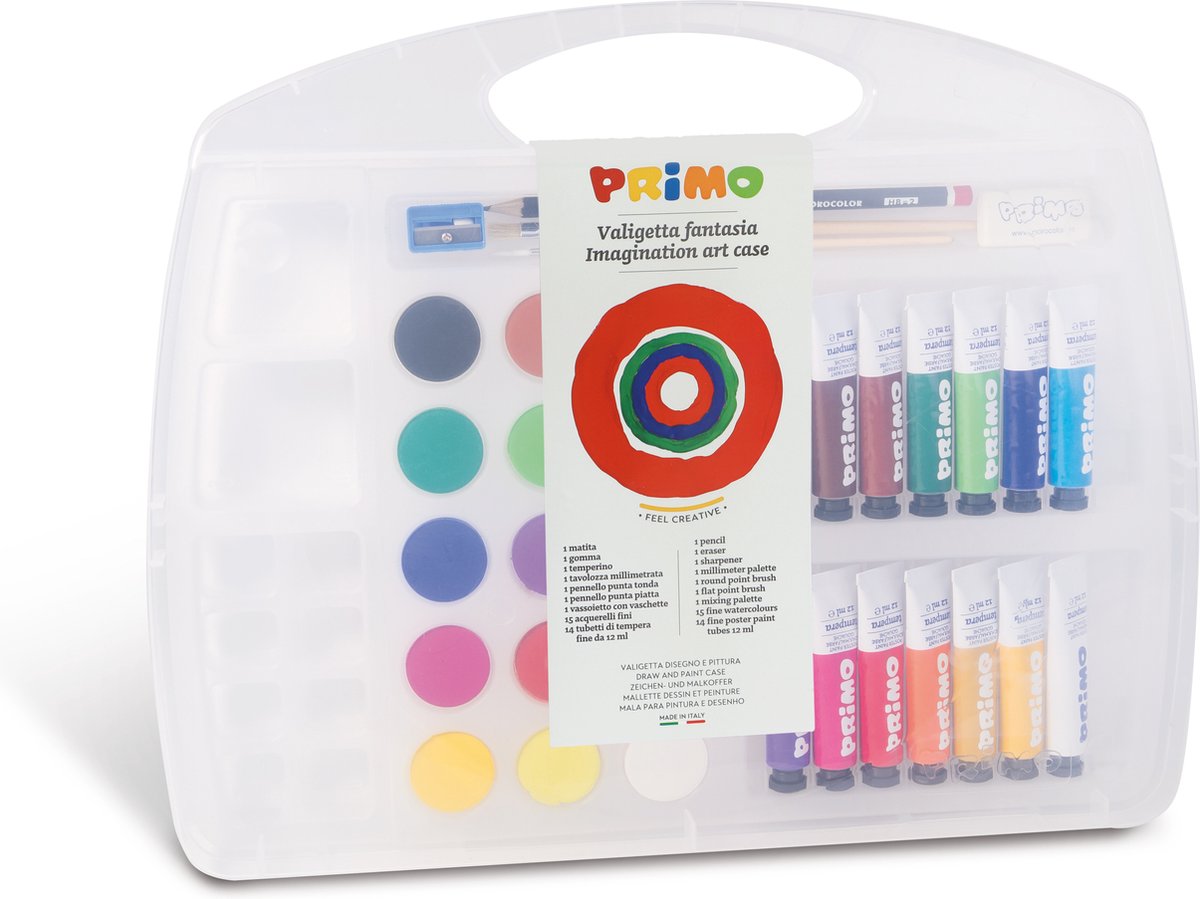 Primo Fantasia: etui met 14 plakkaatverf tubes 12 ml en 15 aquarelverf diametre 30 mm, 1 penseel, 1 HB potloden, 1 gum, 1 puntenslijper, 1 mengpalet