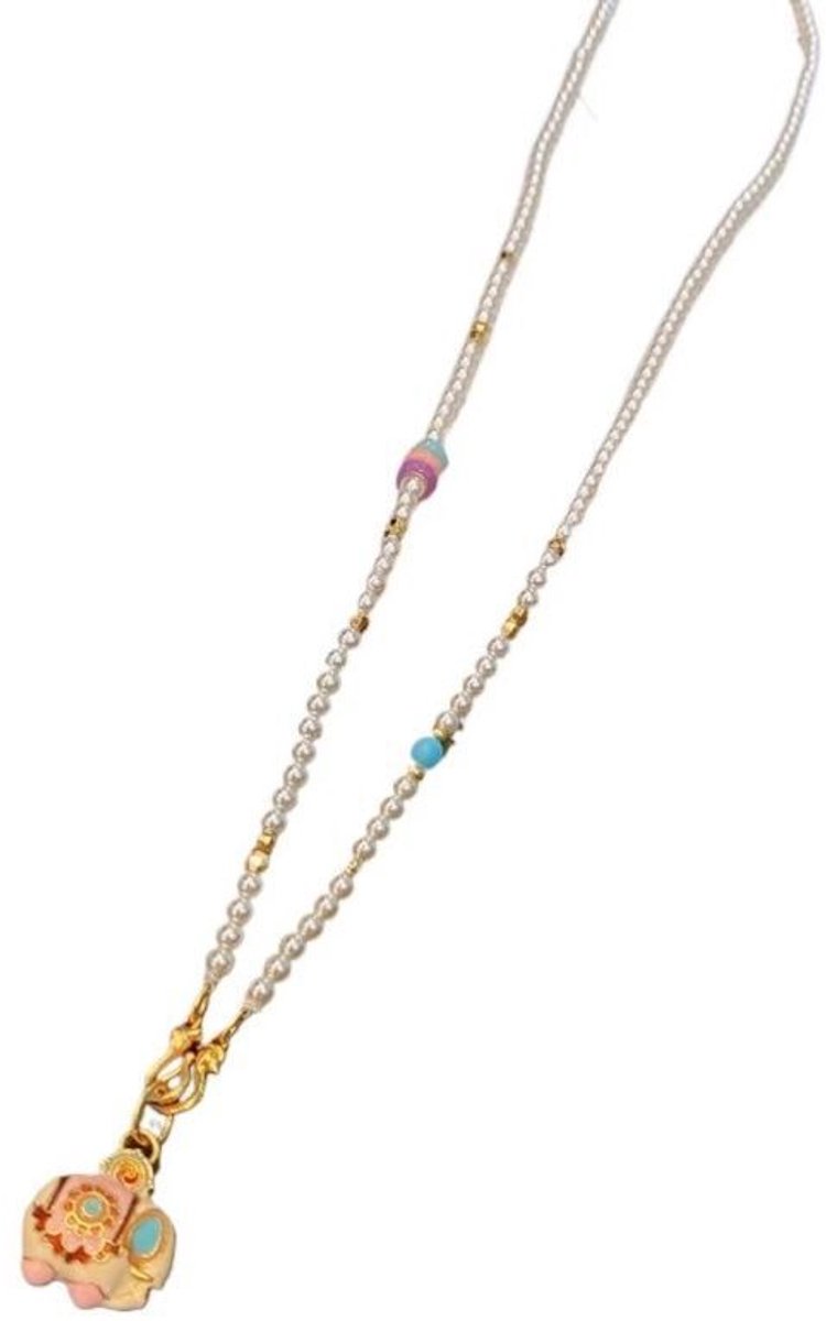 PULUZ 1 Stuk Geluks Olifant Ketting - Oud Faai Bloemen Emaille Olifant Hanger - Parel Trui Ketting - Nieuw Chinees Stijl