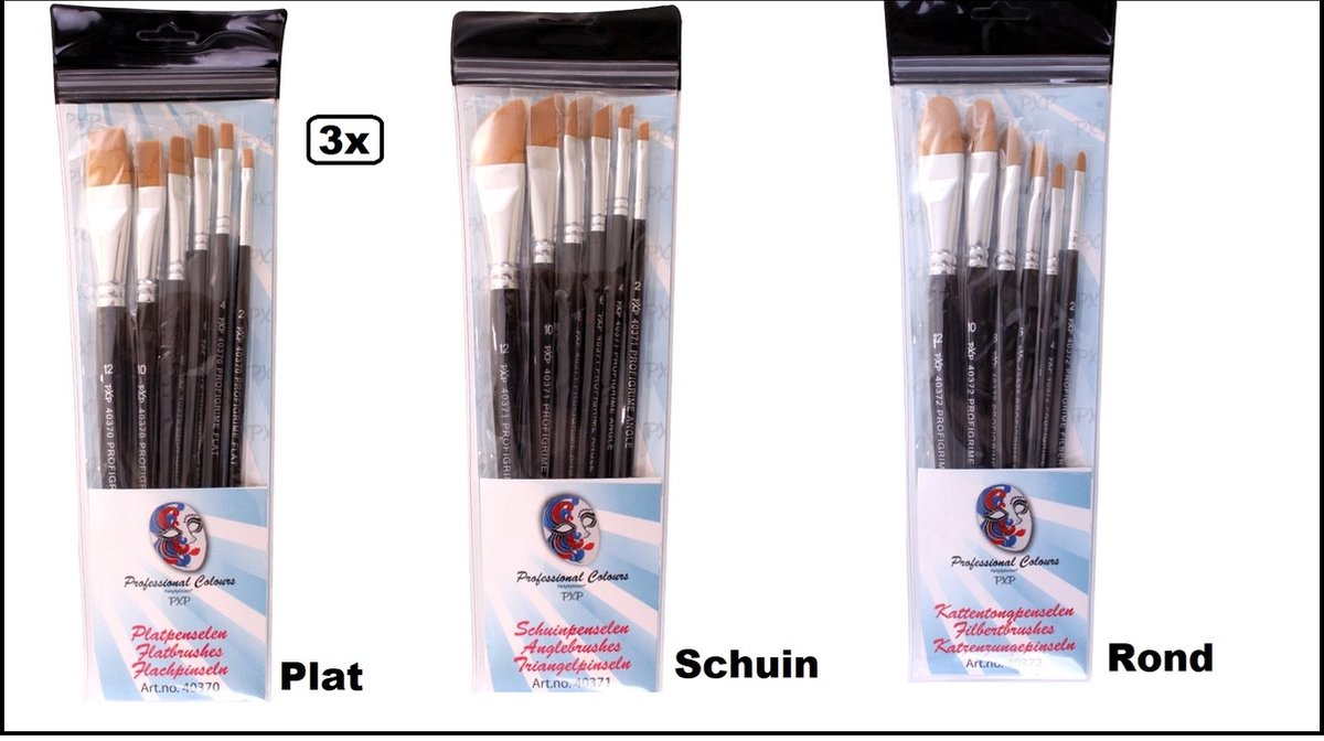 3x   penselen set recht/schuin/rond - schmink thema feest festival evenement fun penseel