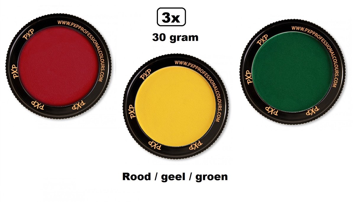 3x Set PXP Professional Colours schmink rood/geel/groen 30 gram - Schminken verjaardag feest festival thema feest