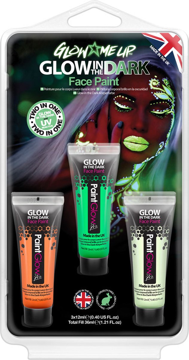Paintglow - Glow in the dark face & body paint set - Verf - Schmink - Make-up - Oranje - Groen - Transparant - 12 ml - 3 stuks